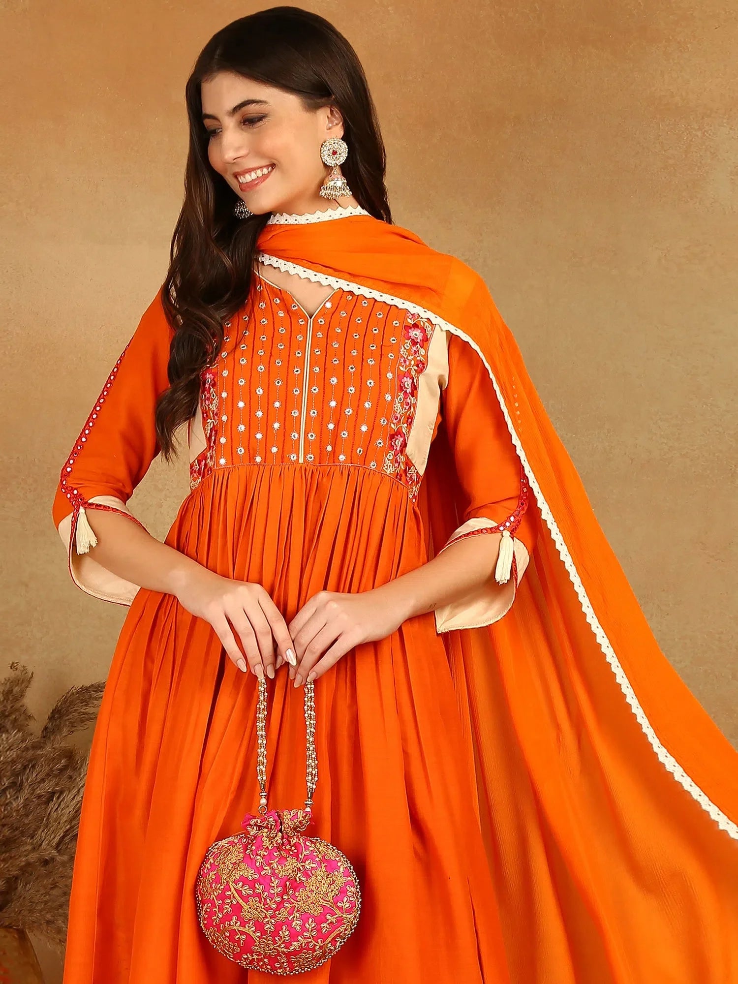 Orange Embroidered Anarkali Kurta Trouser Set | Anarkali Kurta