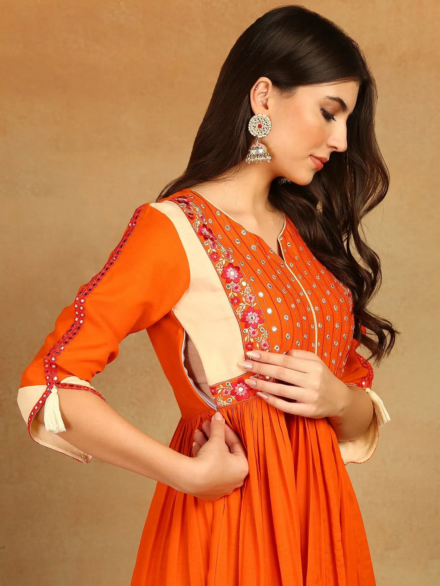 Orange Embroidered Anarkali Kurta Trouser Set | Anarkali Kurta