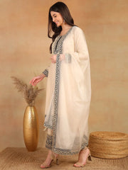 Women Cream Silk Blend Solid Embroidered Straight Kurta Trouser With Dupatta-PKSKD2530CRM