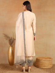 Women Cream Silk Blend Solid Embroidered Straight Kurta Trouser With Dupatta-PKSKD2530CRM