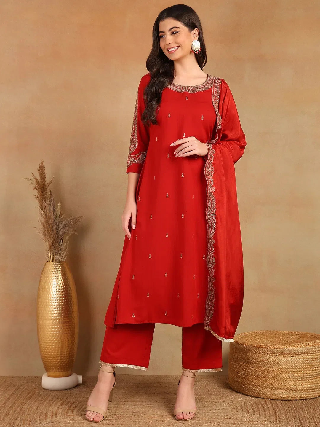 Red Embroidered Kurta Set with Dupatta - Women's Cotton Kurtas