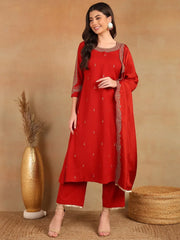 Women Red Silk Blend Solid Embroidered A-Line Kurta Trouser With Dupatta-PKSKD2534RED