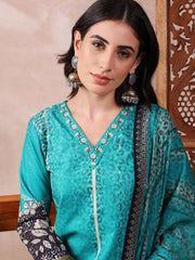 Women Green Silk Blend Floral Printed Straight Kurta Trouser With Dupatta-PKSKD2537GRN