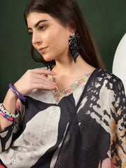 Women Black Silk Blend Floral Printed Straight Kurta Trouser With Dupatta-PKSKD2539BLK
