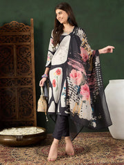 Women Black Silk Blend Floral Printed Straight Kurta Trouser With Dupatta-PKSKD2539BLK