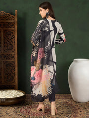 Women Black Silk Blend Floral Printed Straight Kurta Trouser With Dupatta-PKSKD2539BLK