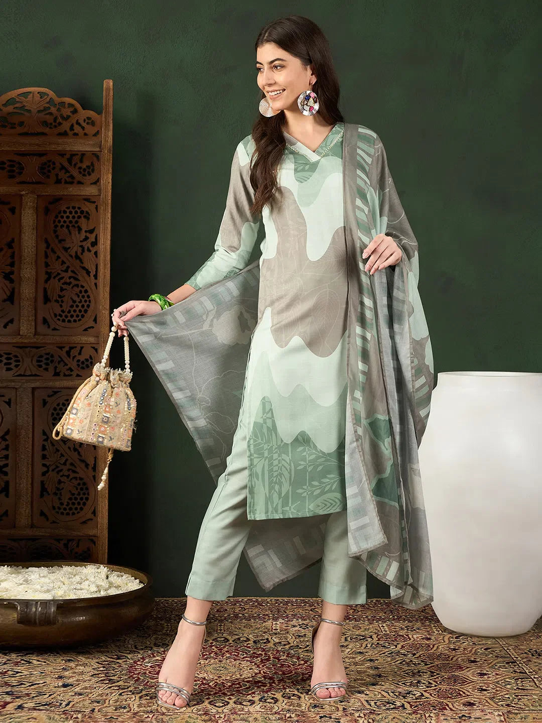 Green Abstract Kurta Set with Dupatta | Indian Women's Kurta