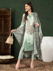 Women Green Silk Blend Abstract Printed Straight Kurta Trouser With Dupatta-PKSKD2541GRN