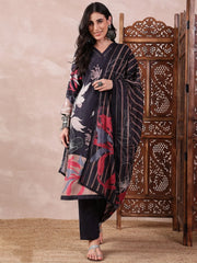 Women Black Silk Blend Floral Printed Straight Kurta Trouser With Dupatta-PKSKD2543BLK