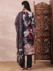 Women Black Silk Blend Floral Printed Straight Kurta Trouser With Dupatta-PKSKD2543BLK