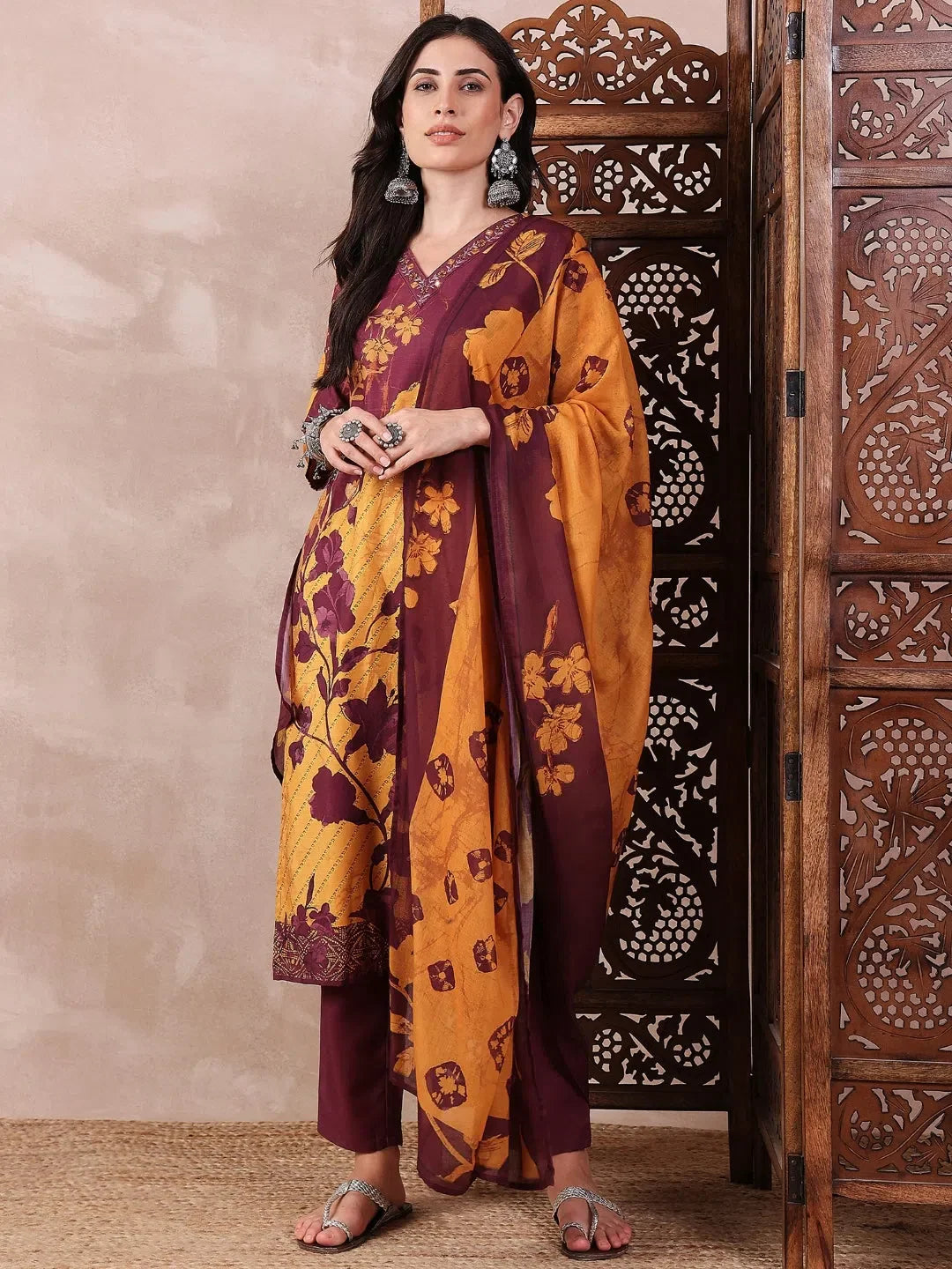 Women Yellow Silk Blend Floral Printed Straight Kurta Trouser With Dupatta-PKSKD2545YLW