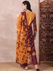 Women Yellow Silk Blend Floral Printed Straight Kurta Trouser With Dupatta-PKSKD2545YLW