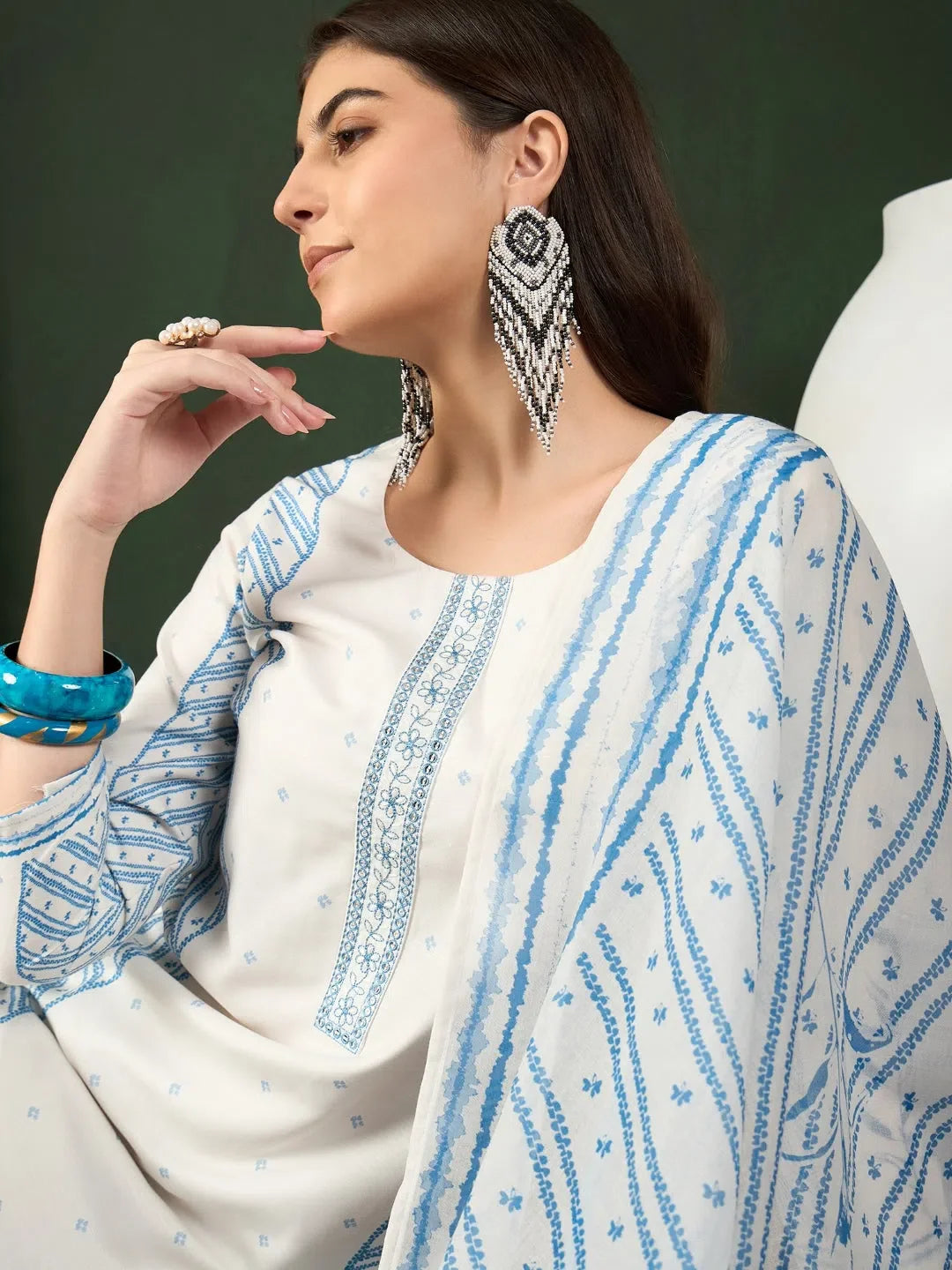 Women Off White Silk Blend Geometric Printed Straight Kurta Trouser With Dupatta-PKSKD2546WHT
