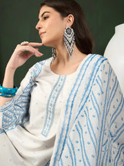 Women Off White Silk Blend Geometric Printed Straight Kurta Trouser With Dupatta-PKSKD2546WHT