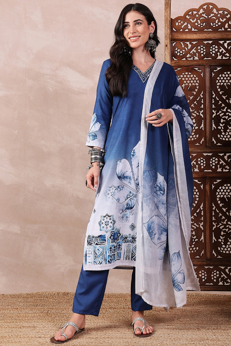 Blue Rayon Blend Abstract Printed Straight Trouser Bottom Suit Set PKS