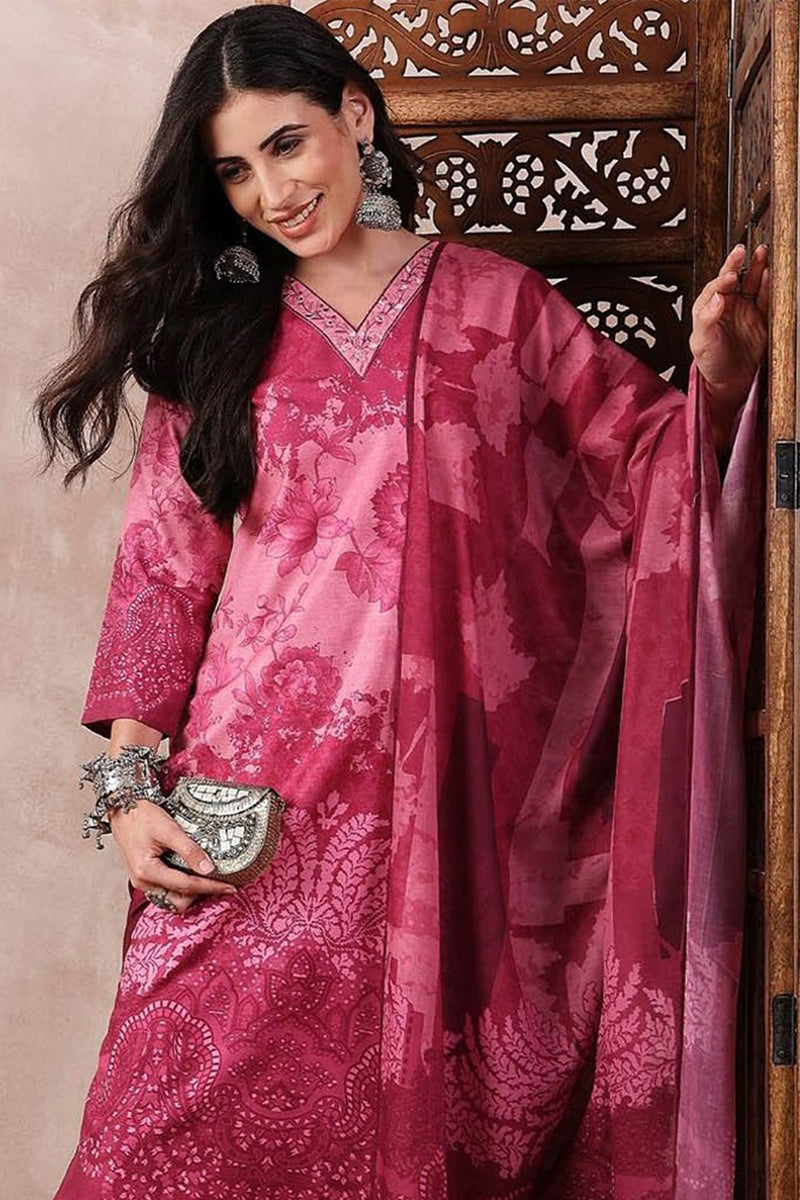 Pink Rayon Blend Ethnic Motifs Printed Straight Trouser Bottom Suit Se
