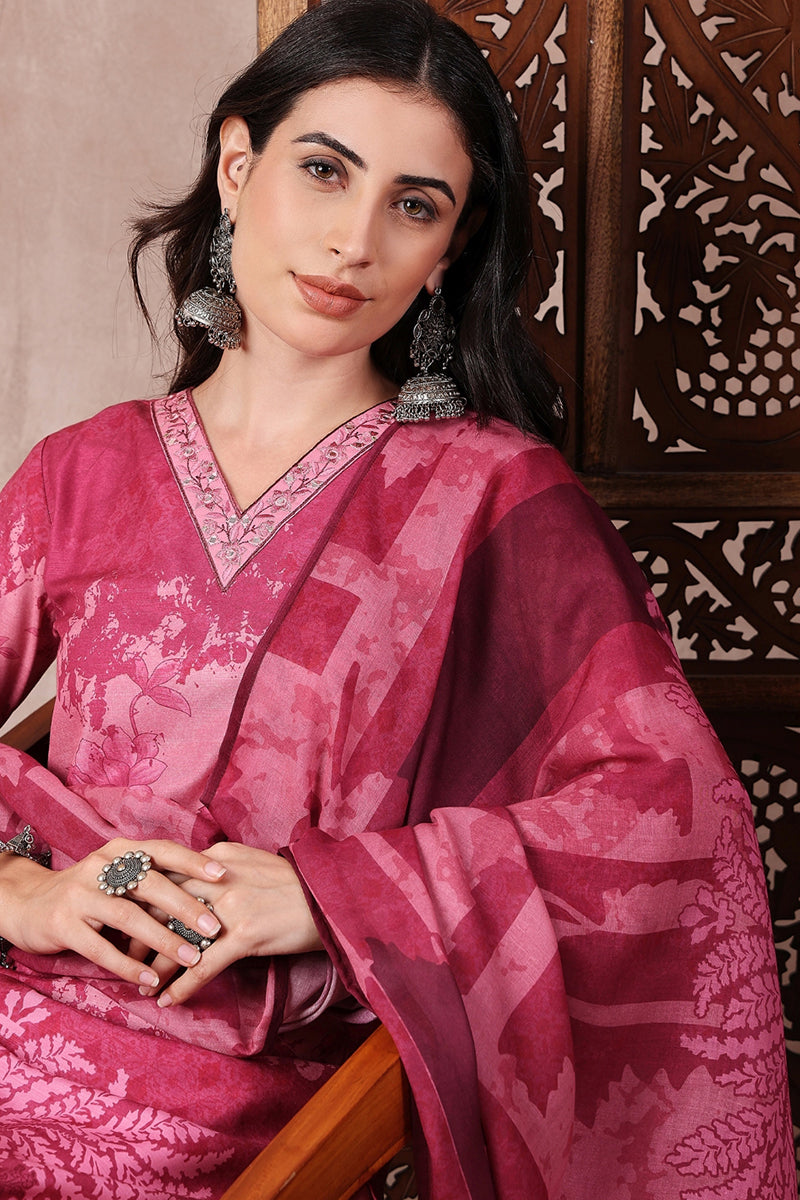 Pink Rayon Blend Ethnic Motifs Printed Straight Trouser Bottom Suit Se