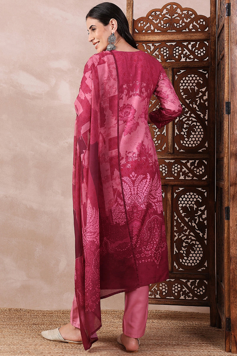 Pink Rayon Blend Ethnic Motifs Printed Straight Trouser Bottom Suit Se