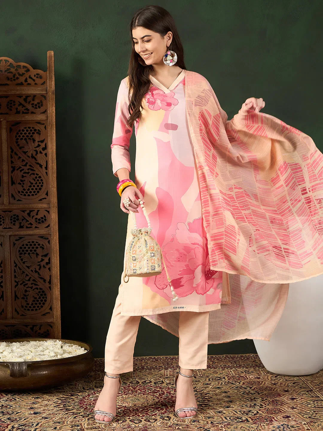 Cream Floral Silk Blend Kurta Set with Dupatta | Women's Kurta...