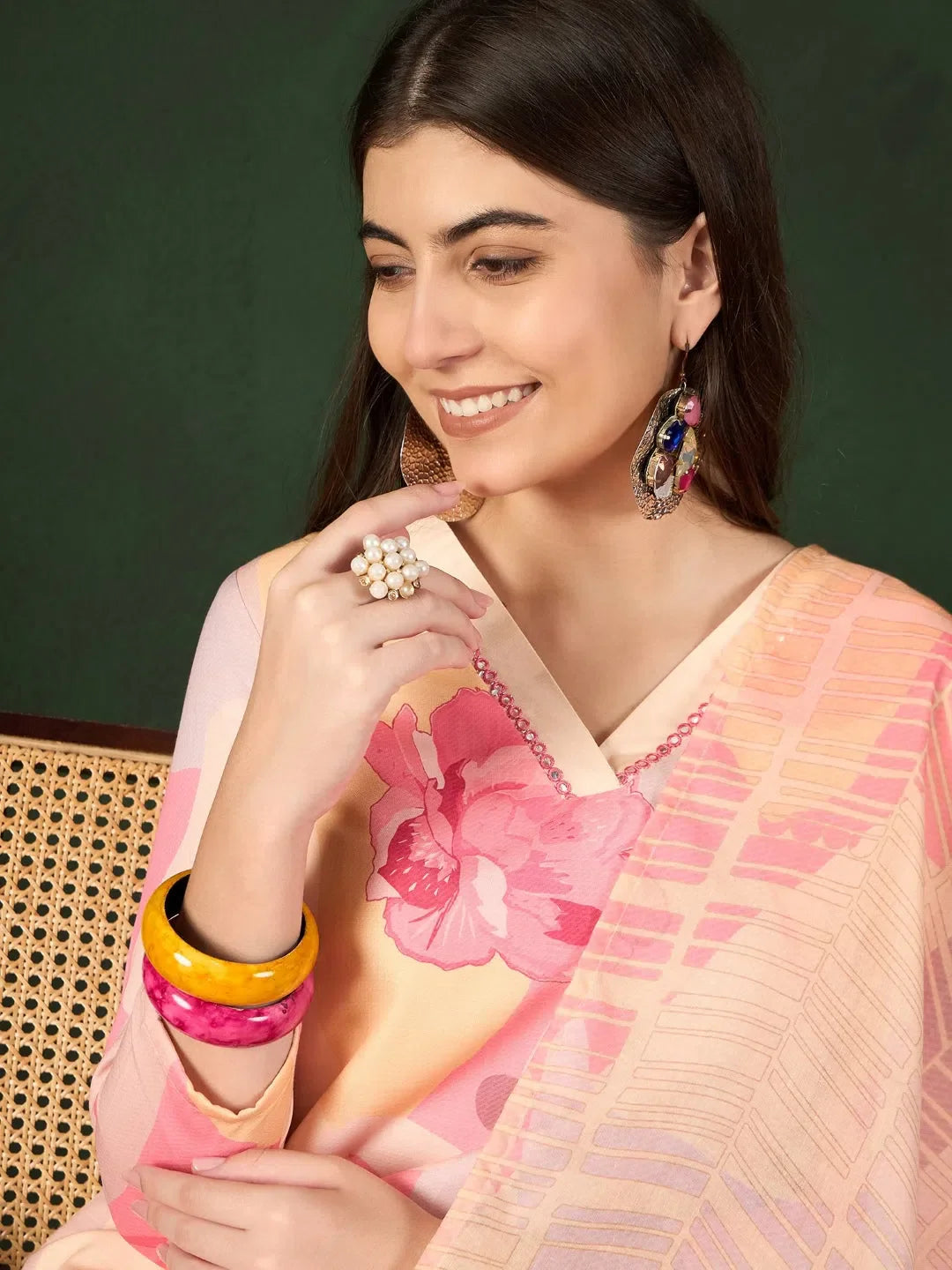 Women Cream Silk Blend Floral Printed Straight Kurta Trouser With Dupatta-PKSKD2553CRM