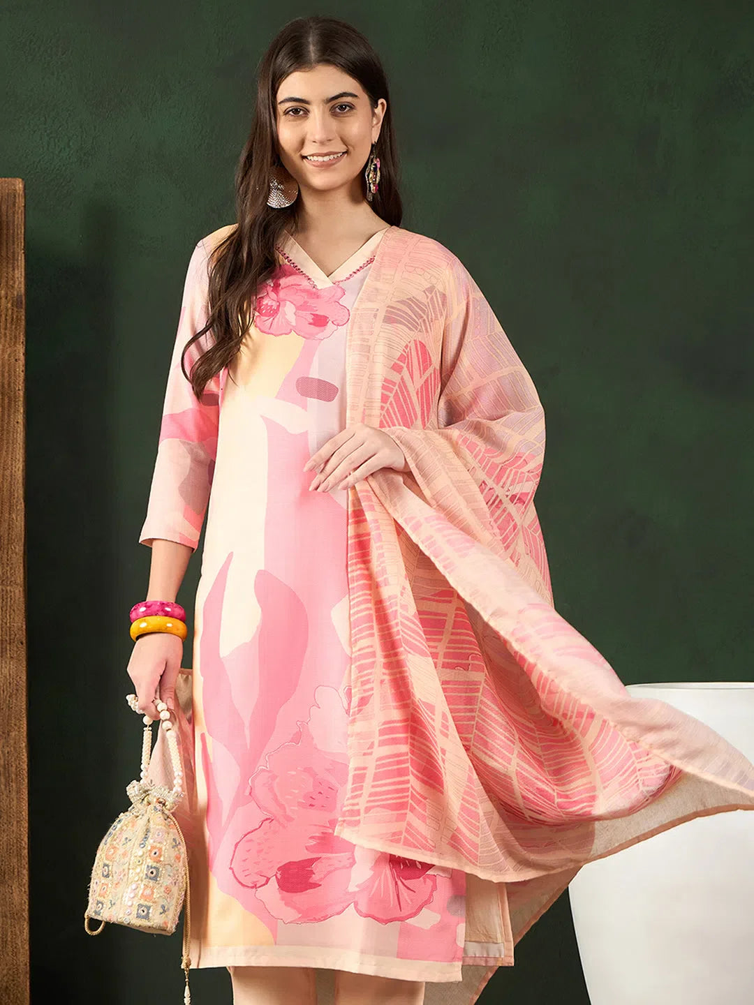 Cream Floral Silk Blend Kurta Set with Dupatta | Women's Kurta...