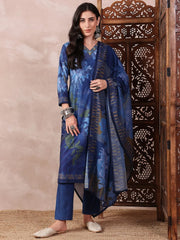 Women Blue Silk Blend Floral Printed Straight Kurta Trouser With Dupatta-PKSKD2555BLU