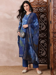 Women Blue Silk Blend Floral Printed Straight Kurta Trouser With Dupatta-PKSKD2555BLU
