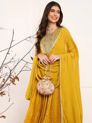 Women Mustard Silk Blend Solid Embroidered A-Line Kurta Trouser With Dupatta-PKSKD2562MYLW
