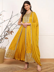 Women Mustard Silk Blend Solid Embroidered A-Line Kurta Trouser With Dupatta-PKSKD2562MYLW