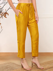 Women Mustard Silk Blend Solid Embroidered A-Line Kurta Trouser With Dupatta-PKSKD2562MYLW