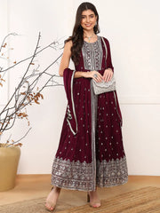Women Burgundy Silk Blend Solid Embroidered A-Line Kurta Trouser With Dupatta-PKSKD2562WIN