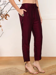 Women Burgundy Silk Blend Solid Embroidered A-Line Kurta Trouser With Dupatta-PKSKD2562WIN