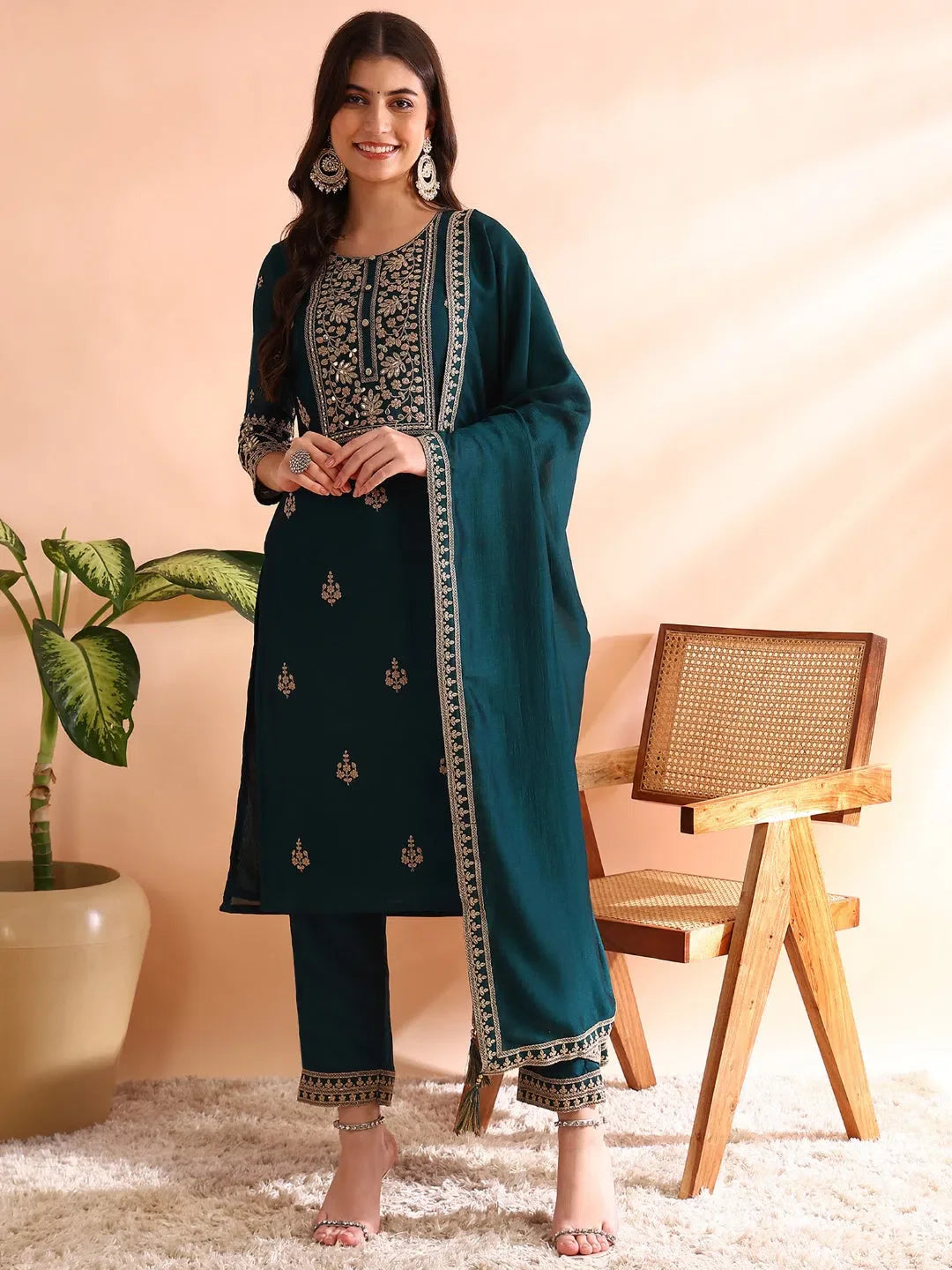 Women Teal Silk Blend Solid Embroidered Straight Kurta Trousers With Dupatta-PKSKD2563TIL