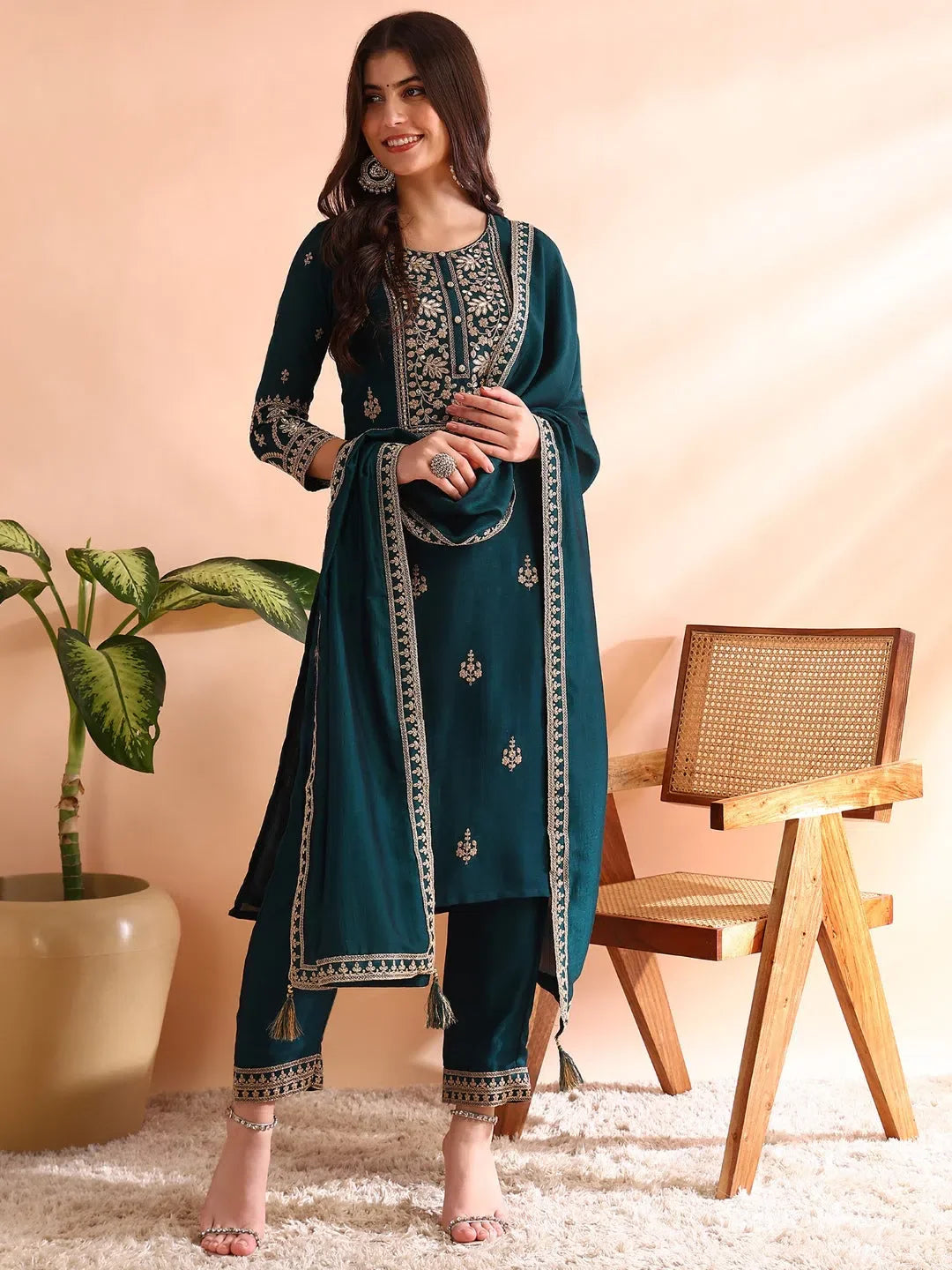 Shop Teal Embroidered Kurta Set with Dupatta | Women's Kurta Sets