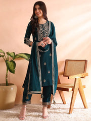 Women Teal Silk Blend Solid Embroidered Straight Kurta Trousers With Dupatta-PKSKD2563TIL