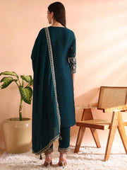 Women Teal Silk Blend Solid Embroidered Straight Kurta Trousers With Dupatta-PKSKD2563TIL