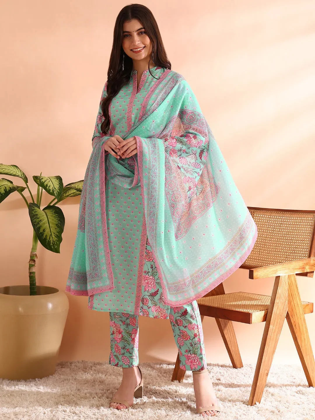 Turquoise Blue Floral Kurta Set | Women's Indian Kurta Sets