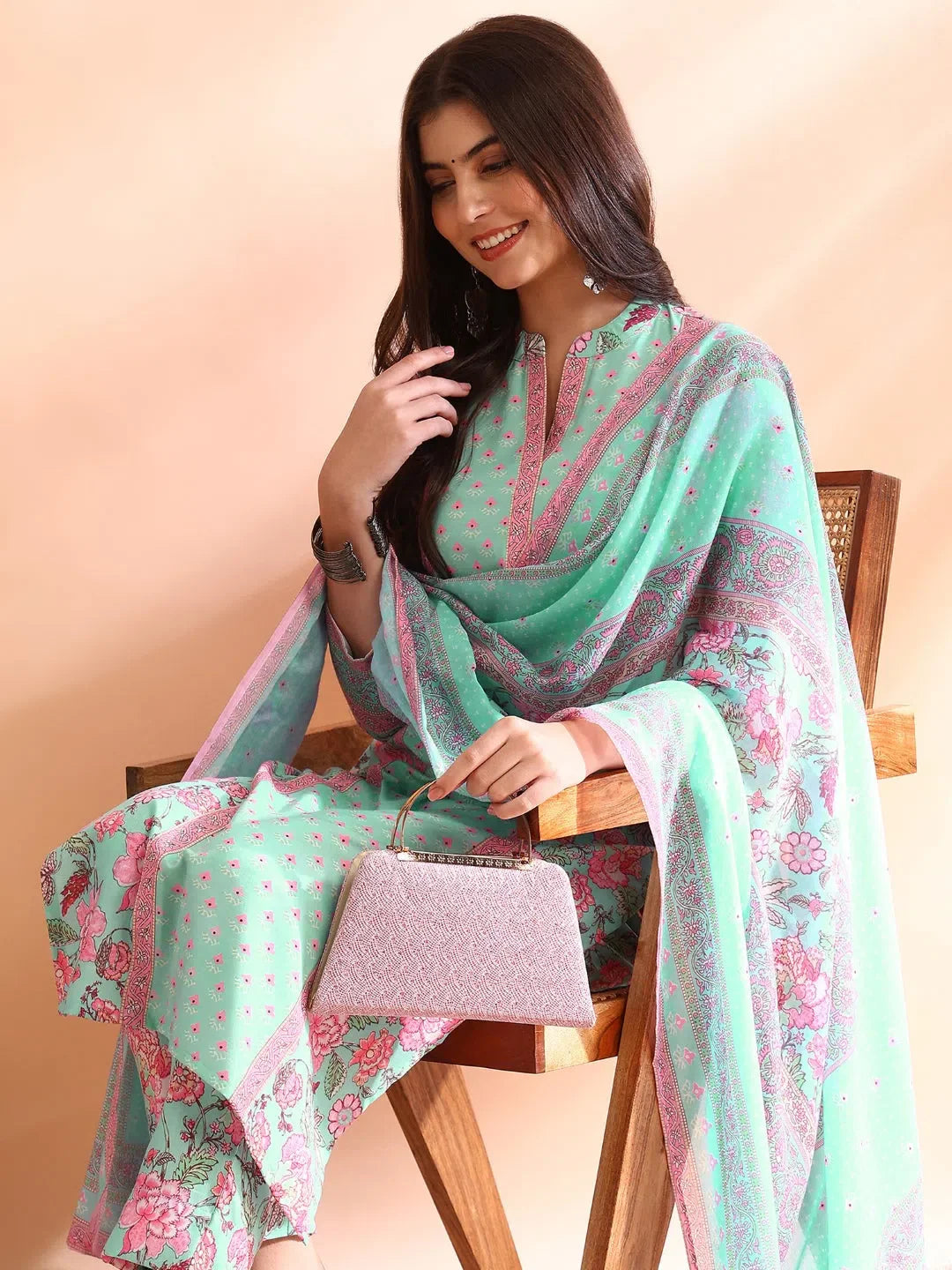 Turquoise Blue Floral Kurta Set | Women's Indian Kurta Sets