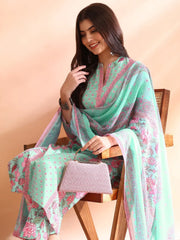 Women Turquoise Blue Poly Rayon Floral Printed Straight Kurta Trousers With Dupatta-PKSKD2572BLU