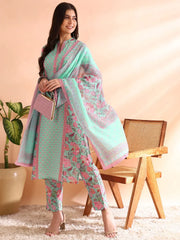 Women Turquoise Blue Poly Rayon Floral Printed Straight Kurta Trousers With Dupatta-PKSKD2572BLU