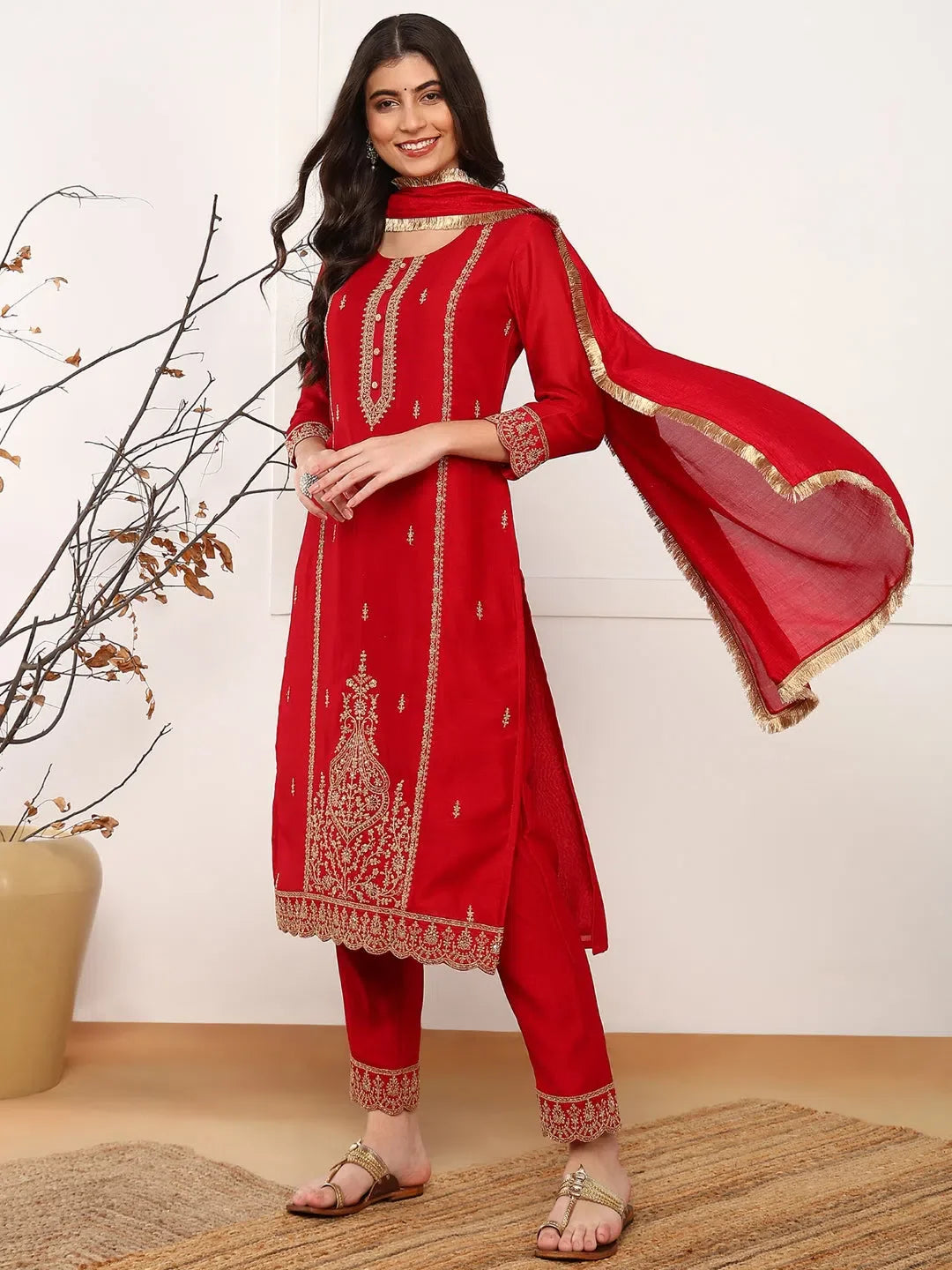 Red Silk Blend Kurta Set with Dupatta | Indian Designer Kurta ...