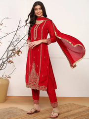 Women Red Silk Blend Solid Embroidered Straight Kurta Trouser With Dupatta-PKSKD2573RED