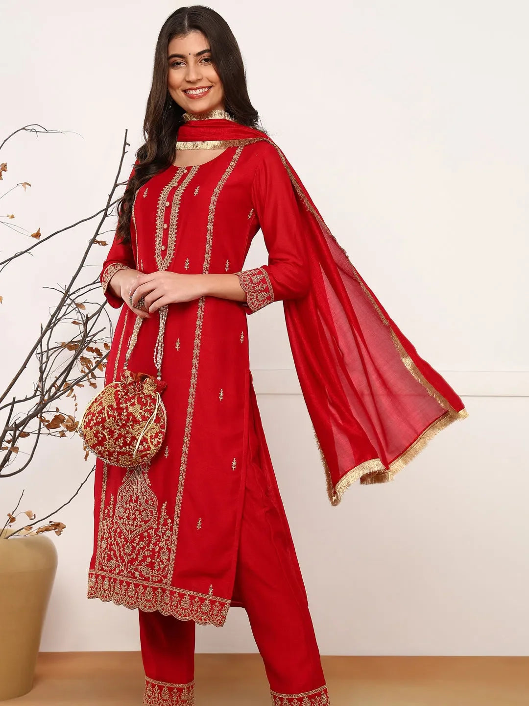 Red Silk Blend Kurta Set with Dupatta | Indian Designer Kurta ...