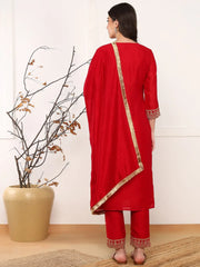 Women Red Silk Blend Solid Embroidered Straight Kurta Trouser With Dupatta-PKSKD2573RED