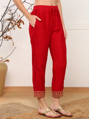 Women Red Silk Blend Solid Embroidered Straight Kurta Trouser With Dupatta-PKSKD2573RED