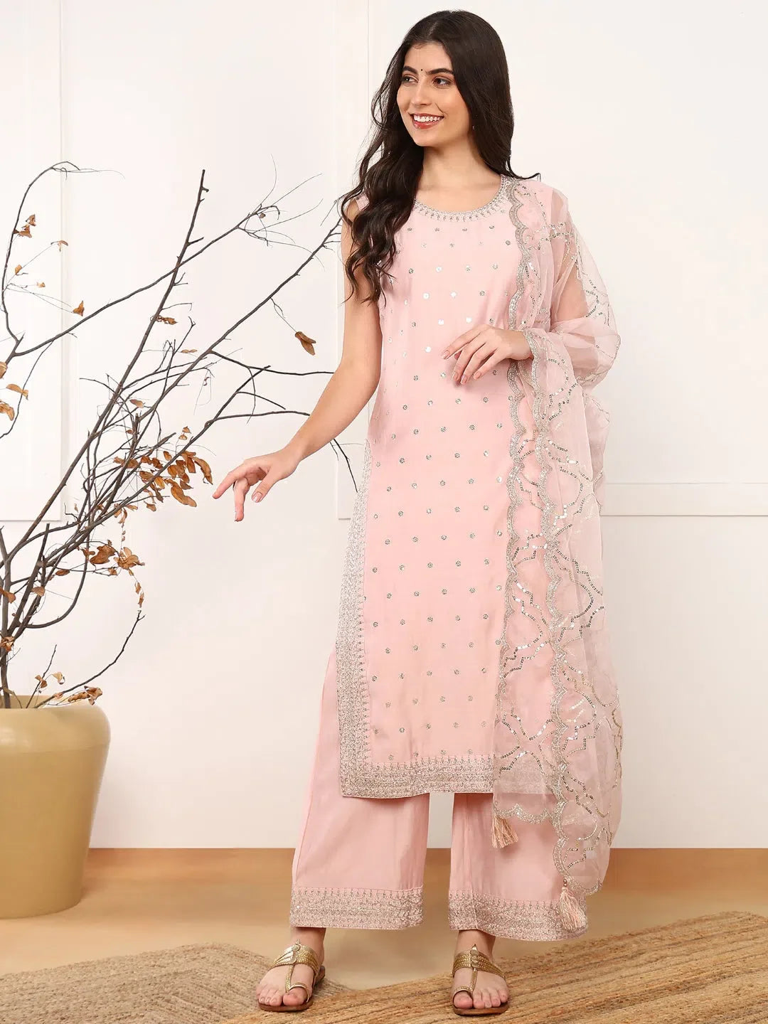 Pink Embroidered Kurta Palazzo with Dupatta | Palazzo Pants Set