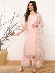 Women Pink Silk Blend Solid Embroidered Straight Kurta Palazzo With Dupatta-PKSKD2574PNK