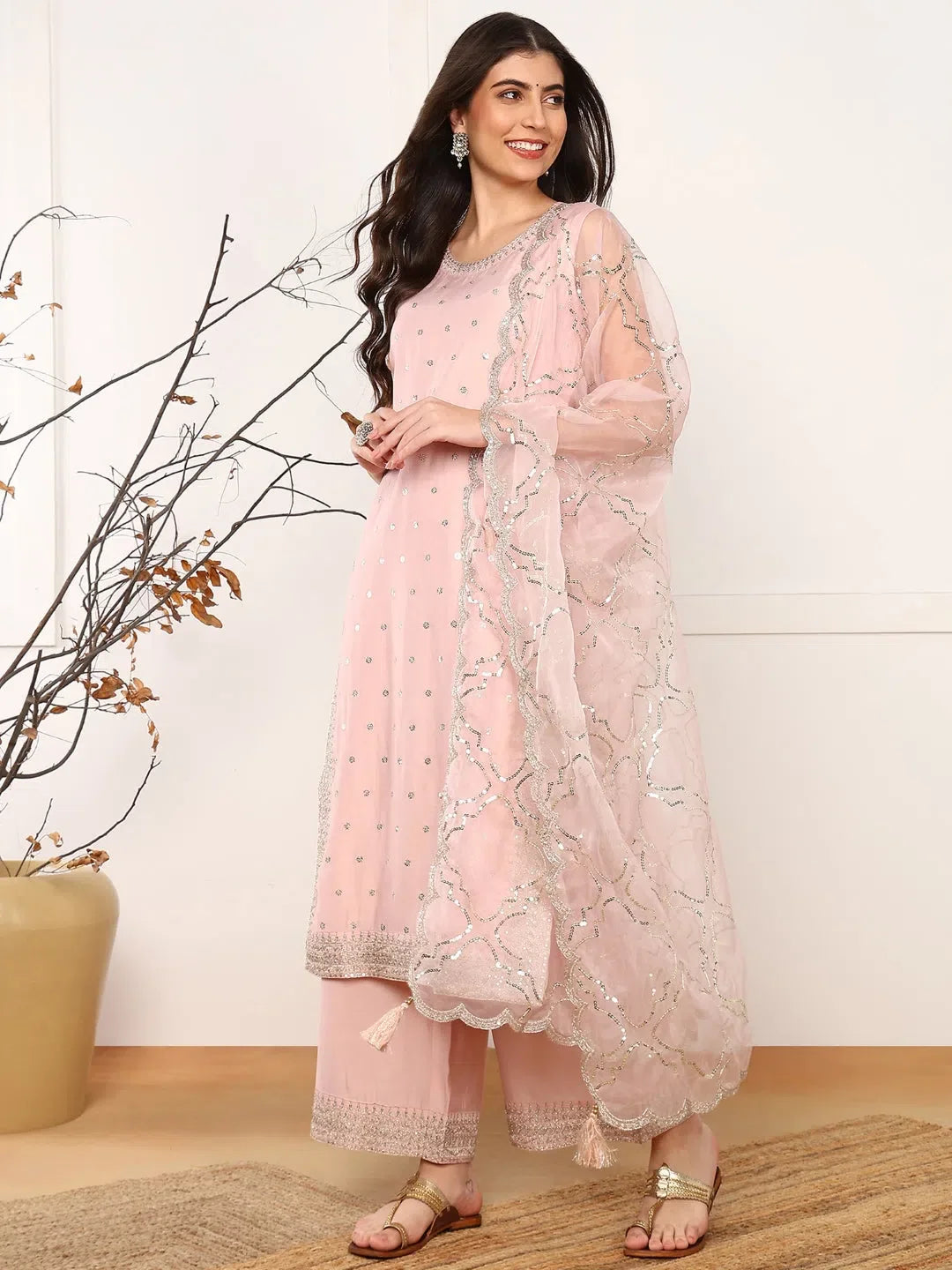 Pink Embroidered Kurta Palazzo with Dupatta | Palazzo Pants Set