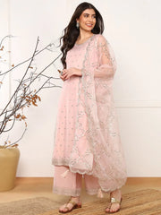 Women Pink Silk Blend Solid Embroidered Straight Kurta Palazzo With Dupatta-PKSKD2574PNK