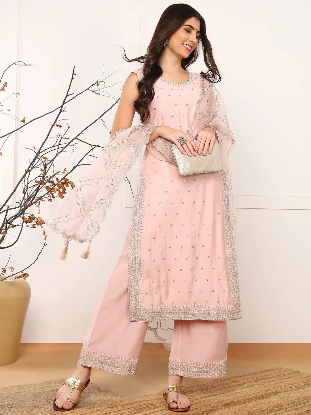 Pink Embroidered Kurta Palazzo with Dupatta | Palazzo Pants Set